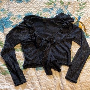 Shiny INC metallic blue cardigan ruffle collar EUC
